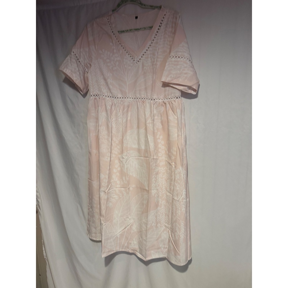 Pink Tropical Leaf Print Midi Dress V-Neck Crochet Lace Trim Short Sleeve Size M